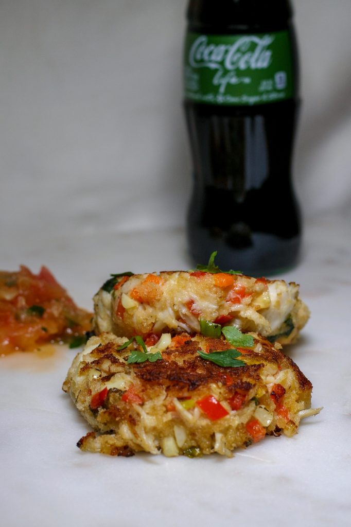 Charred Corn Crab Cakes with Watermelon Rind Slaw